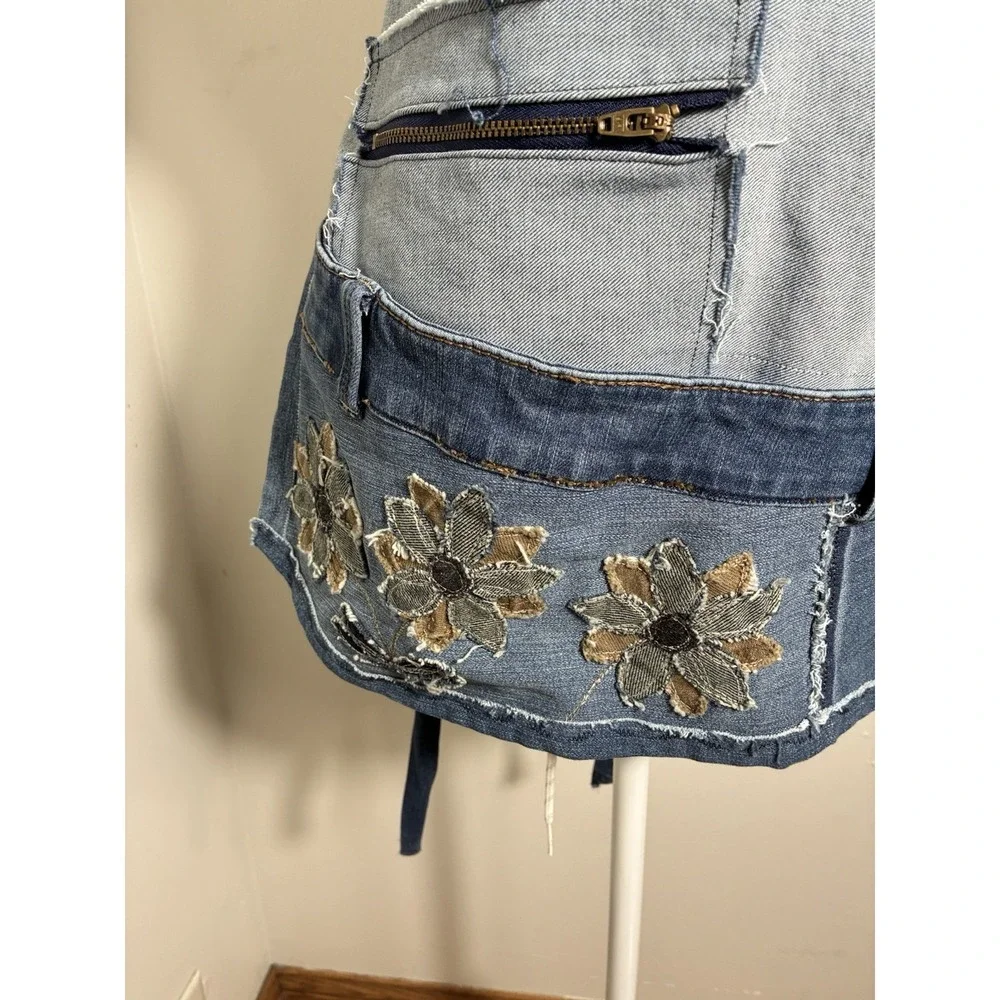 Handmade Recycled Denim Apron Blue OS Boho Tie Back Ajustable‎ Neck Strap